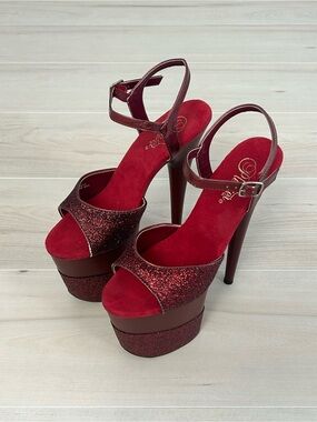 red glitter flamingo pleaser heels